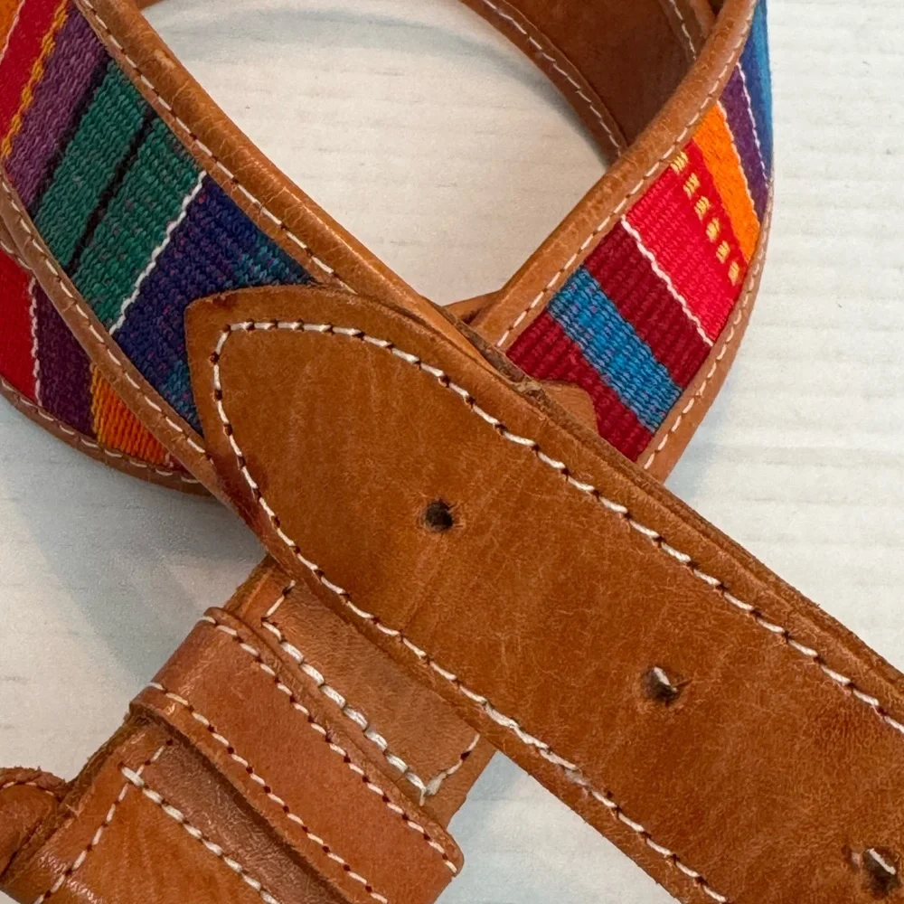 Vintage Handmade Leather and Colorful Woven Tapestry Women's Belt Sz 34 Med